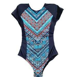 Aqua Green Womens One Piece Swimsuit Multicolor Aztec Jewel Neck XL New